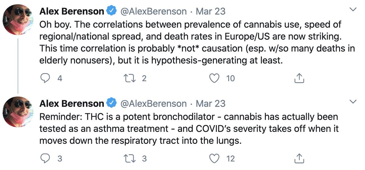 And on the topic of cannabis and COVID-19, here's Alex flexing some more of his stunning epidemiological "hypothesis-generating" insight back in March. LMAO