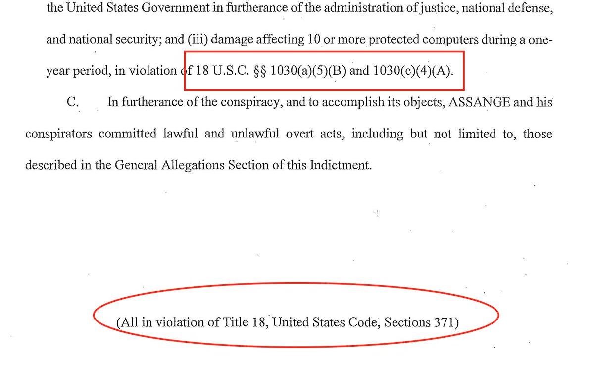 I'll point out this still has elements from the CFAA where it lists the counts, and then at the bottom it indicates Justice Department is only charging under 371—"conspiracy to defraud." So it always was and it remains a frankenoffense.