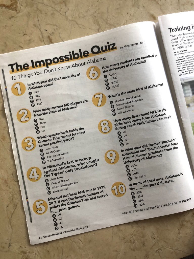 If you pick up a print copy, you can try your hand at the brand new Kickoff Crossword. I had the most fun making the Impossible Quiz, which  @morgansmithnews spent hours getting just right on the page, and which you can take online:  https://www.columbiamissourian.com/sports/tiger_kickoff/impossible-quiz-week-1-alabama/article_159134f8-fed7-11ea-a3ab-87b3965c61dc.html