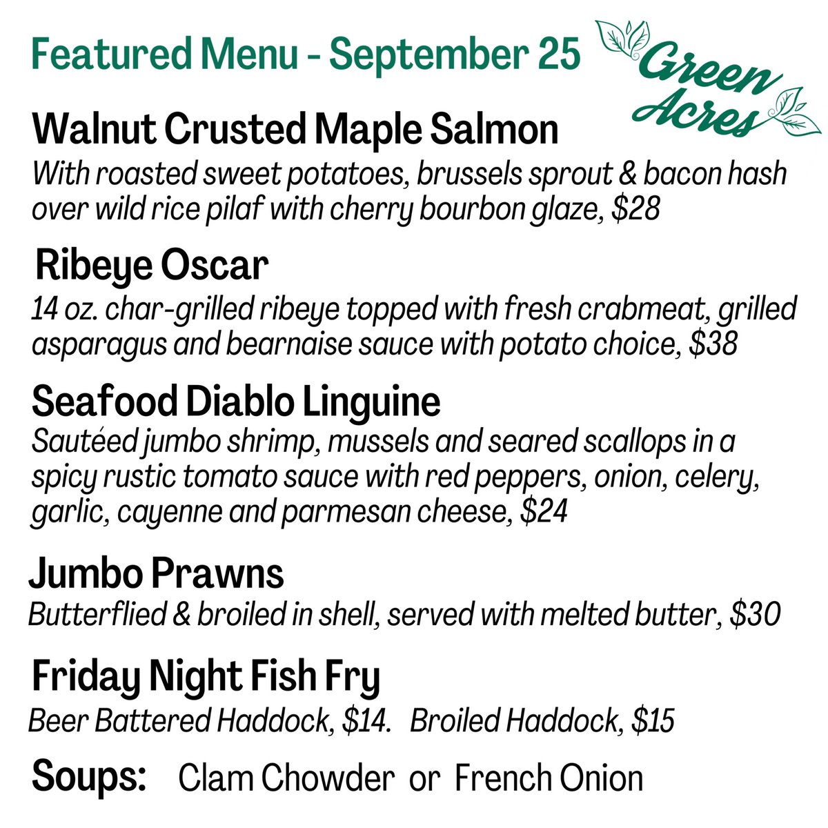 GreenAcresSP's tweet photo. Fish Fry, and so much more. Dine In or Take Out. Outdoor seating available to enjoy this beautiful September weather! #greenacres #supperclub #saukprairie https://t.co/PoDabhXkN7