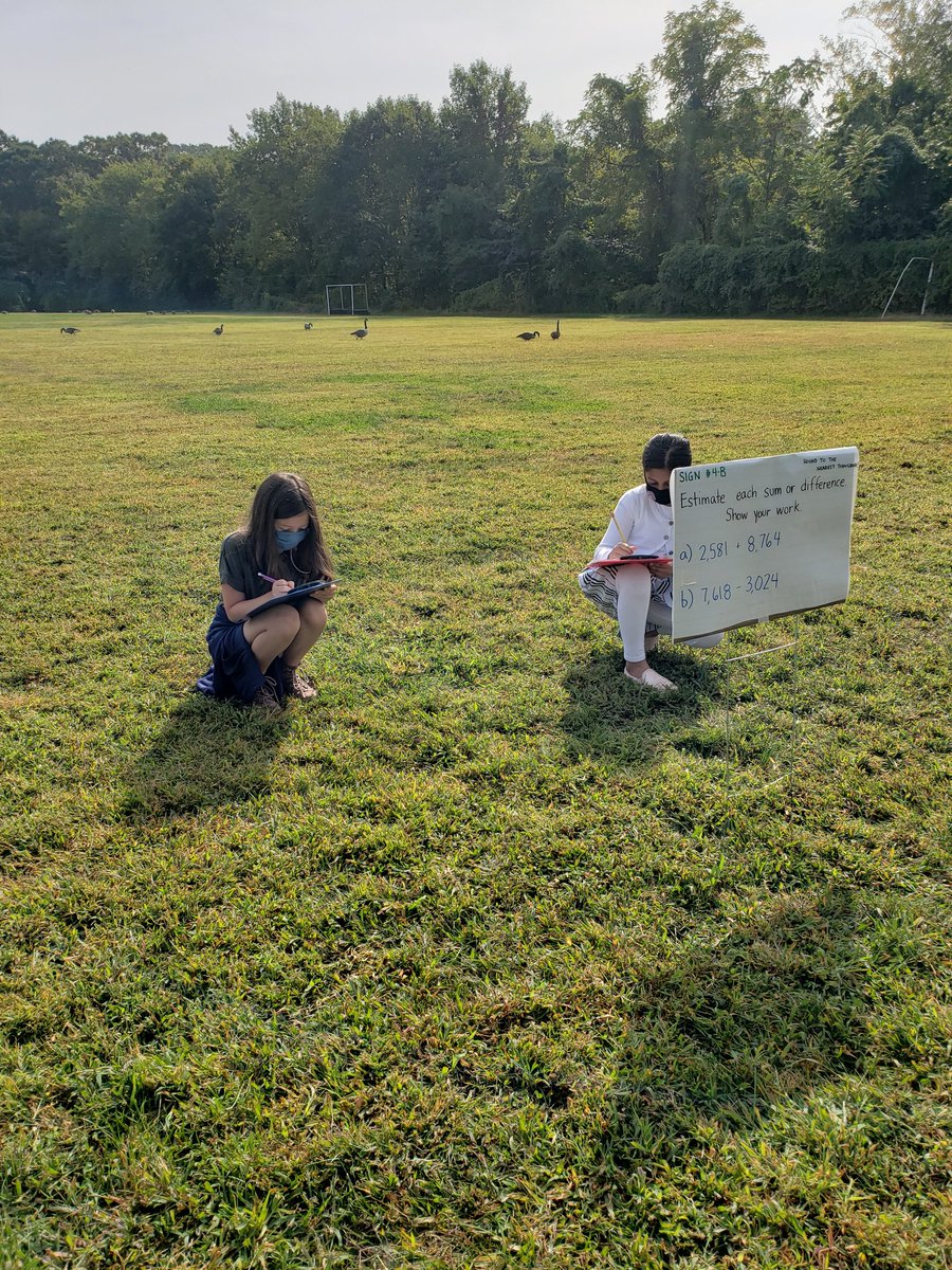 GoodstoneMrs's tweet image. Reviewing for our math test outside.  Problems on lawn signs!