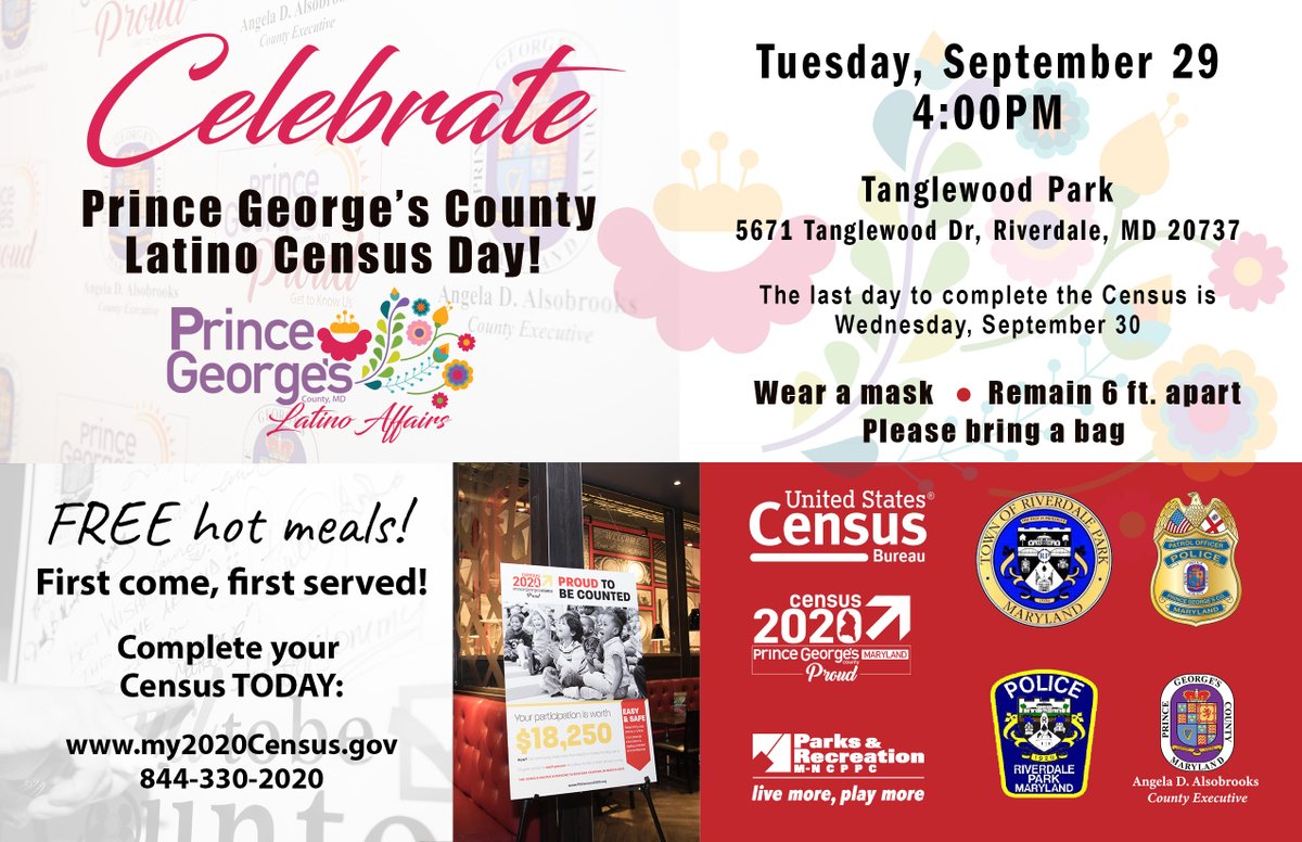 CEXAlsobrooks's tweet image. Join us for Latino Census Day on Tuesday, September 29 at 4:00 PM at Tanglewood Park in Riverdale. We will provide free meals and an opportunity for residents to complete their Census on the spot. #ProudtobeCounted #CountDMVin #MDCensus2020