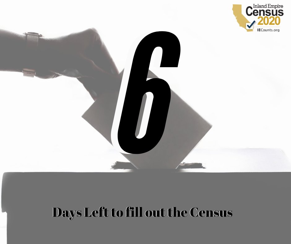 We have 6 days left to invest in our future & complete the #2020Census for community funding!
Don’t delay! Fill out your form today at my2020census.gov, by calling 844-330-2020 or by mail. #IECounts #2020Census #Census #HasmeContar #CountMeIn