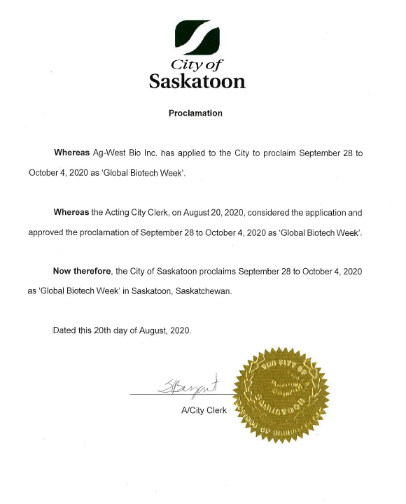 It’s official! Global Biotech week starts next week in Saskatchewan. 

The Province of Saskatchewan and <a href="/CityofSaskatoon/">City of Saskatoon</a> and <a href="/CityofRegina/">City of Regina</a> have proclaimed Sept 28 – Oct 4, 2020 Global Biotech Week .

Read more: saskatchewan.ca/government/new…

#GBW2020 #yxe #yqr