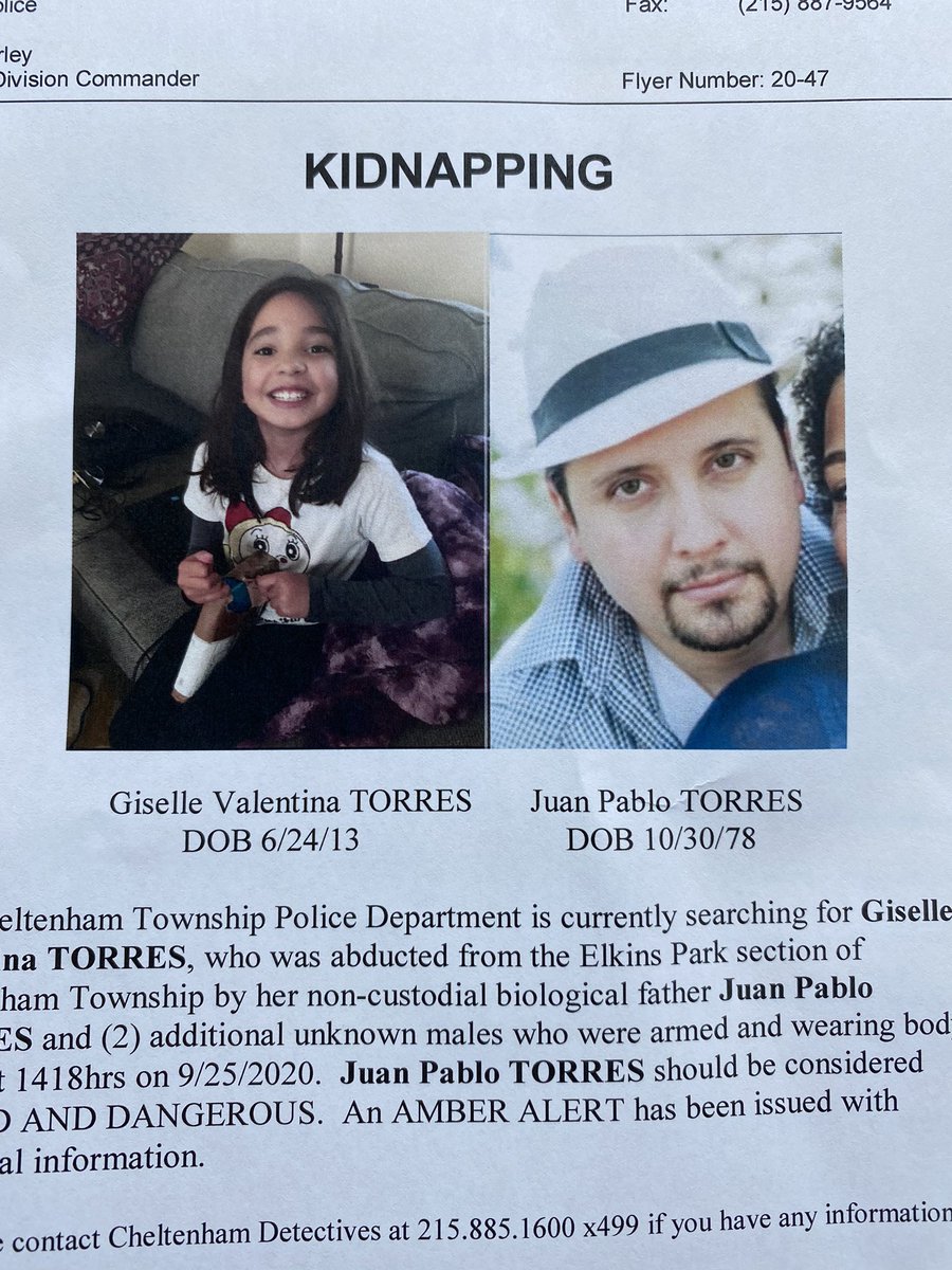#BREAKING : State Police just put out an amber alert for 7 year old kidnapped in Cheltenham by her estranged father. Believed headed to NYC <a href="/6abc/">Action News on 6abc</a>