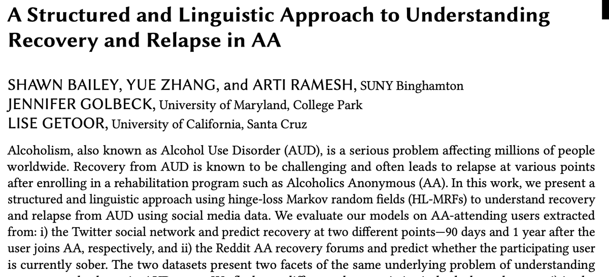 BingCompSci's tweet photo. The work of @BingCompSci Asst. Prof. Arti Ramesh (@ArtiRamesh) and her PhD student Shawn Bailey on a structured and linguistic approach to understanding recovery and relapse in AA was accepted to ACM Trans. on the Web (TWEB). The paper is at: https://t.co/RQR6d4Ttlr
@bing_watson https://t.co/rdmeUW65kI