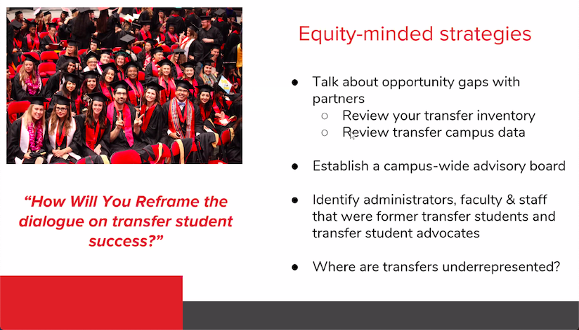 CSU_SuccessNet's tweet image. A few of the great equity-minded strategies discussed by @DrMEnciso in our #CSUStudentSuccessNetwork Conference session on transfer student success!