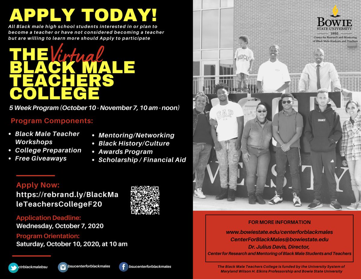 Spread the word! 
Center for Research and Mentoring of Black Male Students and Teachers: Accepting applications - Fall 2020 Black Male Teachers College. If you know any Black Male High School Students who would make a great teacher encourage them to apply. rebrand.ly/Blackmaleteach…