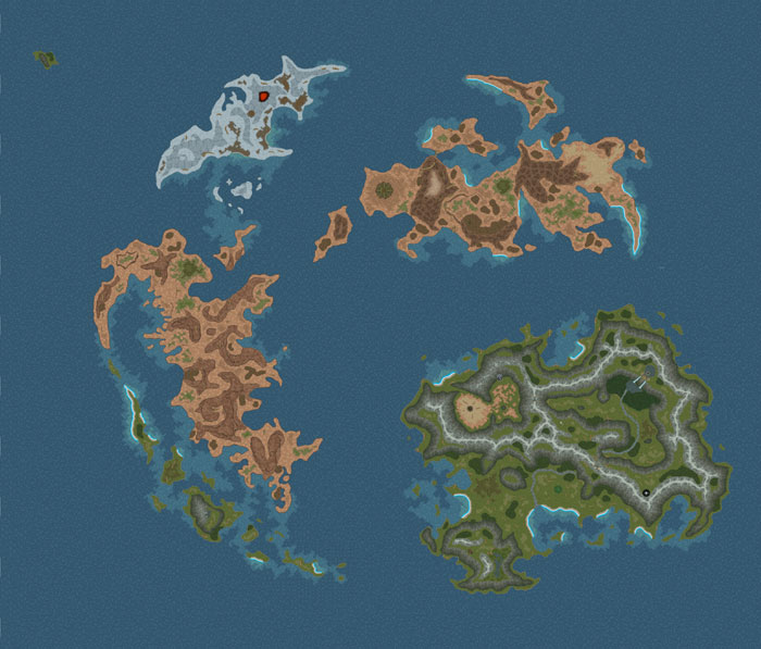 At a glance, a few things stand out. We mostly have the three large land masses, and a moderate sized one. We have a frozen north again. We have arid areas. We have a thing in the corner of the map. A lush green area. And a vague inland-outland sea.