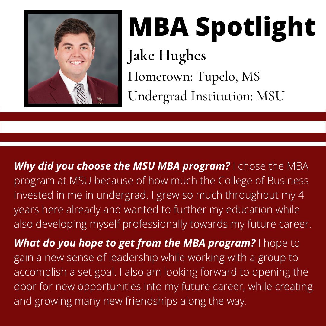 MSStateMBA's tweet image. Happy Maroon Friday! Say "Hi" to Jake Hughes!  Jake graduated from MSU with a degree in Business Administration. Check out what he hopes to gain from the MSU MBA program! #msstatemba

Learn more about the MSU MBA Programs at buff.ly/2C47pek