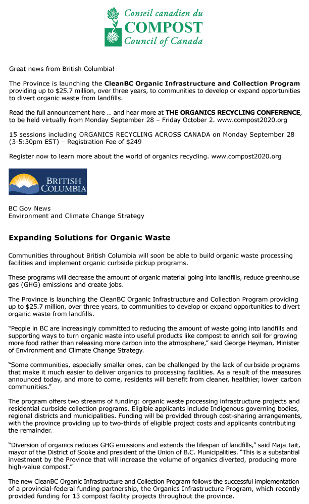 CompostCanada's tweet photo. BC Expands Solutions for Organic Waste
Read the PDF here: https://t.co/aNlTMq7t5j
@Eco360_SE
@TransAqua
@BASF
@compostable
@Englobe_corp
@ALCanadaLabs
@GreenMtnTech
@ICCA_Canada
#compost2020 #compost #composting https://t.co/ZR9pXFoUHA