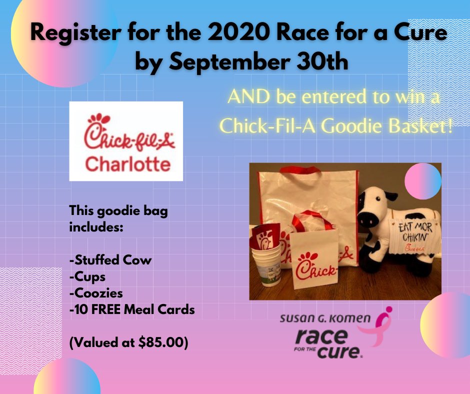 Have you registered for the race yet? If not, register by September 30, 2020 and you will be entered to win a Chick-fil-A goodie basket!! 

Share this post!

Register at komencharlotte.org