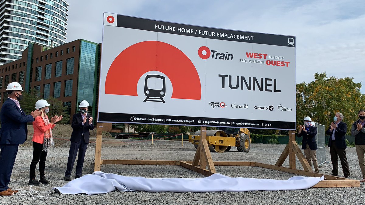 cathmckenna's tweet photo. The start of construction of phase 2 of Ottawa's LRT shows that we are here to build public transit that people rely on every day. 77% of Ottawans will live within 5 km of the LRT, and Stage 2 will reduce emissions by 110,000 tonnes and get cars off the roads. #BuildUp https://t.co/6iwBHjQu2t