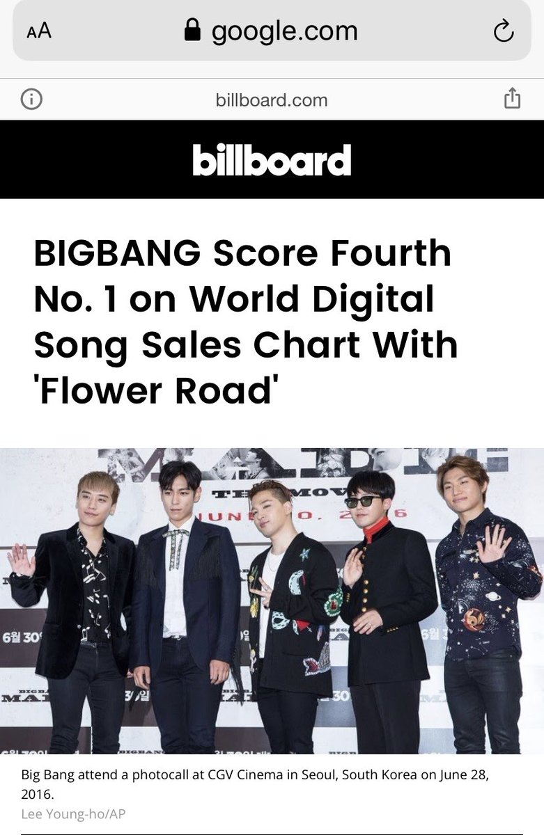 MADE album debuts at #1 on Billboard’s World Albums chart & #1 on the Billboard Heatseekers Albums chart.         BIGBANG surprises VIPs with Flower Road March 2018, debut at #1 on Billboard’s World digital Singles Chart & 1 on WORLDWIDE iTunes Song Chart