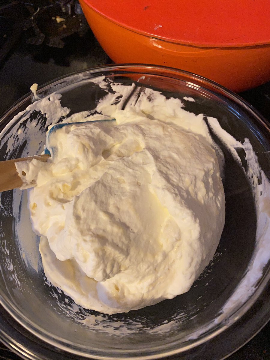And cream has been whipped, separated with 1/3 added to the custard.