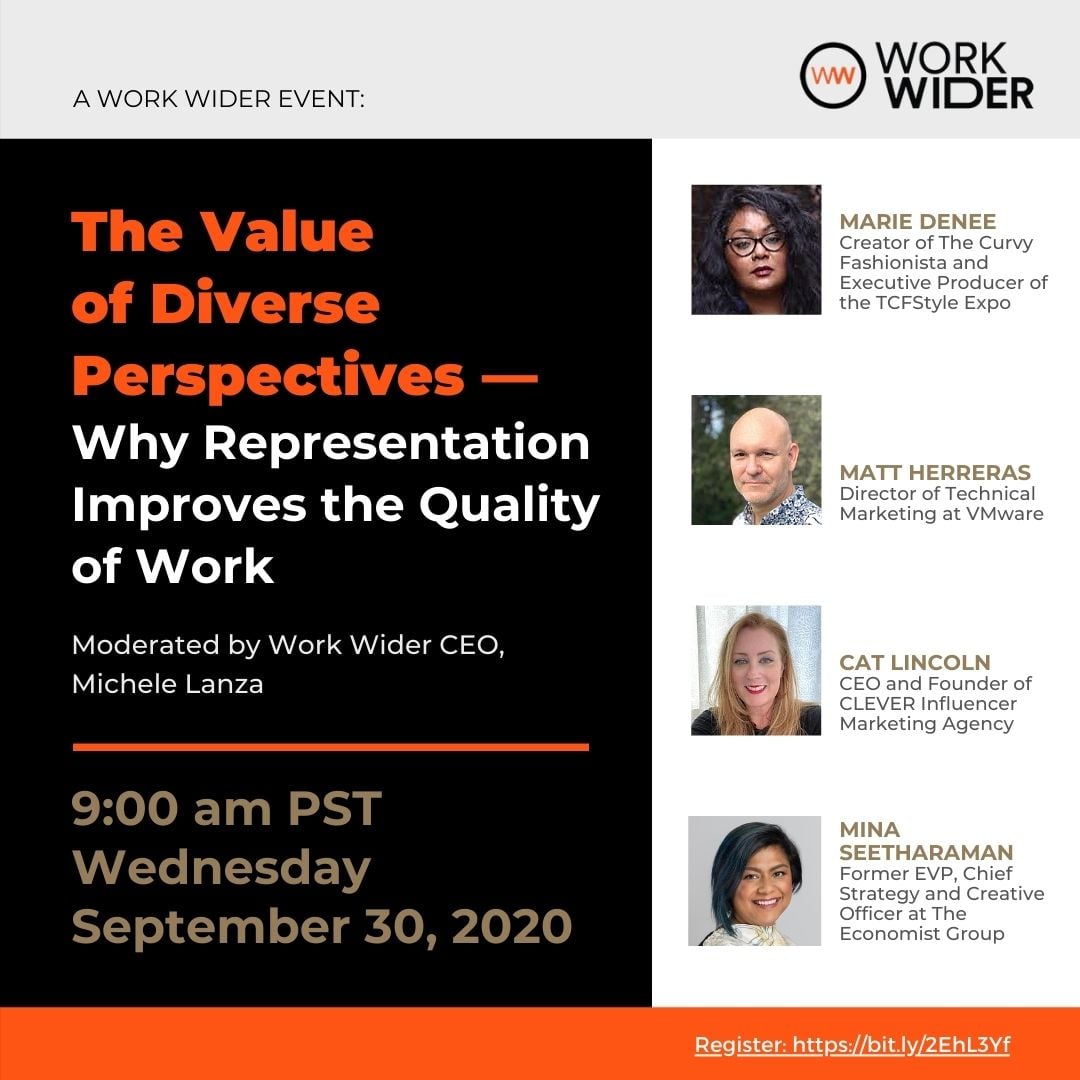 WorkXimity's tweet image. Join HRN Member &amp;amp; @WorkWider CEO Michele Lanza 9/30 @ 9am PST for a panel discussion “The Value of Diverse Perspectives: Why Representation Improves the Quality of Work.” Click here to register ➡️ bit.ly/2EhL3Yf
#hirisenetwork #workwider