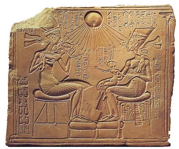 In this Stelae, Akhenaten & Nefertiti are large in size, not w/ muscle, but looking natural while embracing their children.Aten SHINESabove themAten "was envisioned as a sun disk whose rays ended in hands touching & caressing those on earth."(Ancient)Cont.9/14