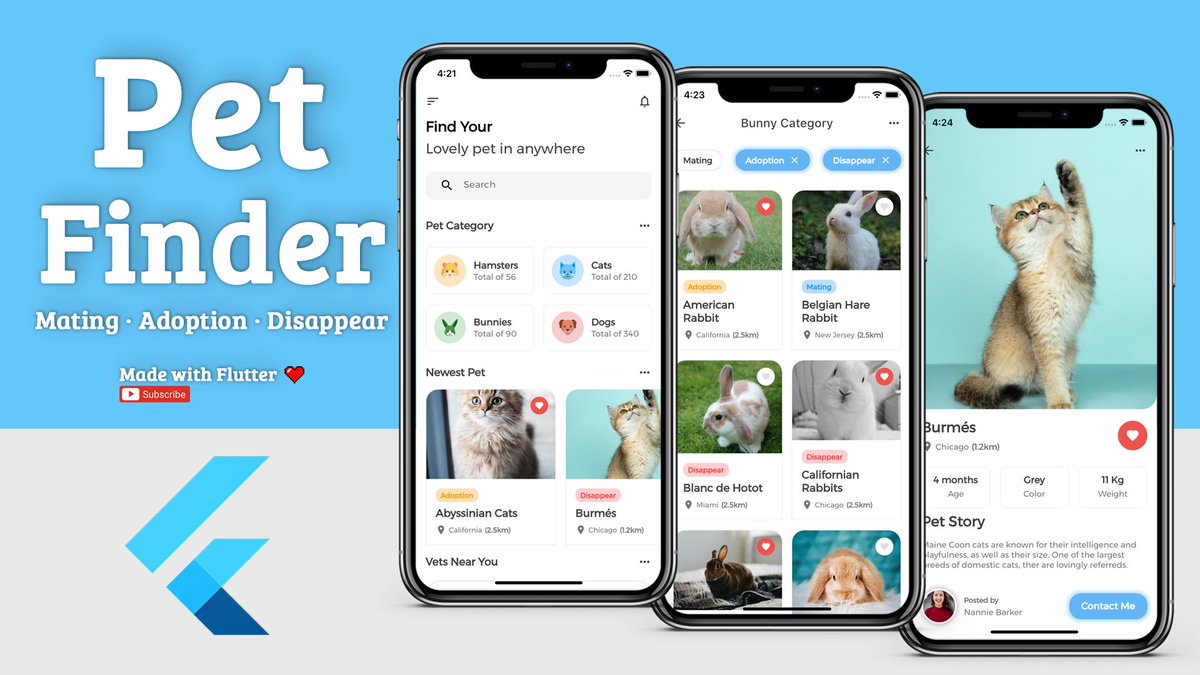 AllAboutFlutter's tweet image. Pet Finder #App #UI #Design made with #Flutter where you can find your lost pet, adopt or mate.
youtu.be/slY0trgdv3c (source code)
@FlutterDev @r_FlutterDev @FlutterComm @EsFlutter
#flutterdev #learntocode #100DaysOfCode #MobileApp #FlutterDay #dartlang