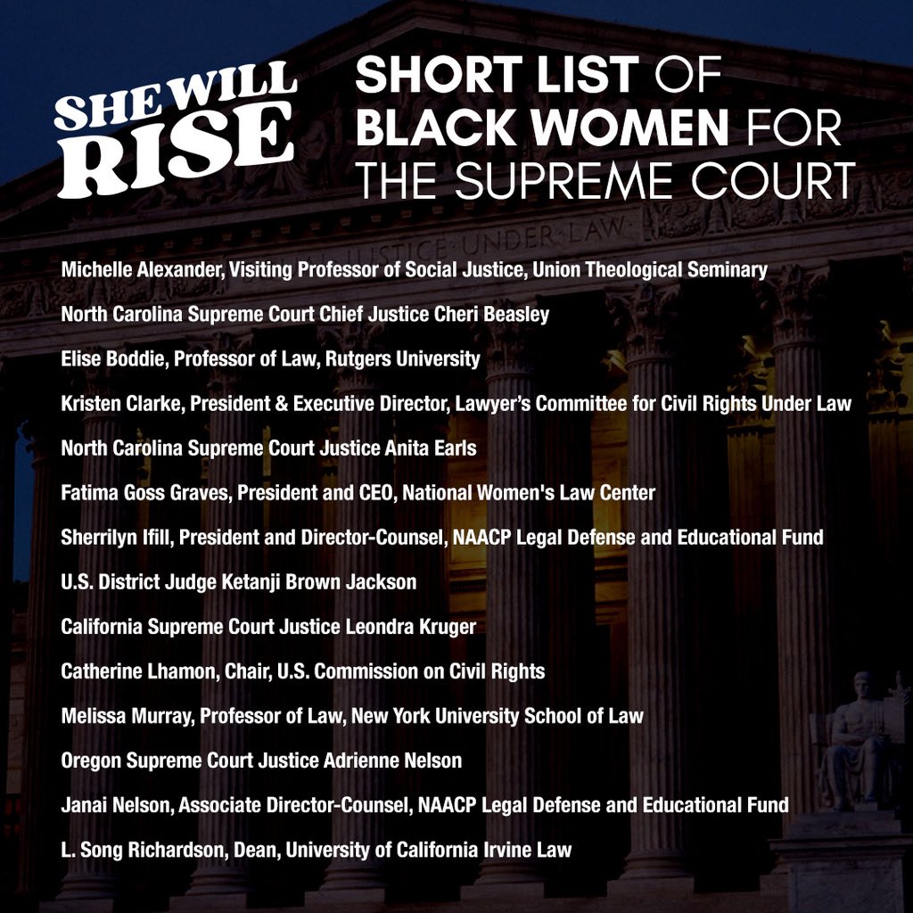 Today,  #SheWillRise is releasing our short list choices of Black women for the Supreme Court. SCOTUS is 231 years old and not one Black woman has ever been confirmed, or even nominated, to serve on it.Follow the thread to see our choices.