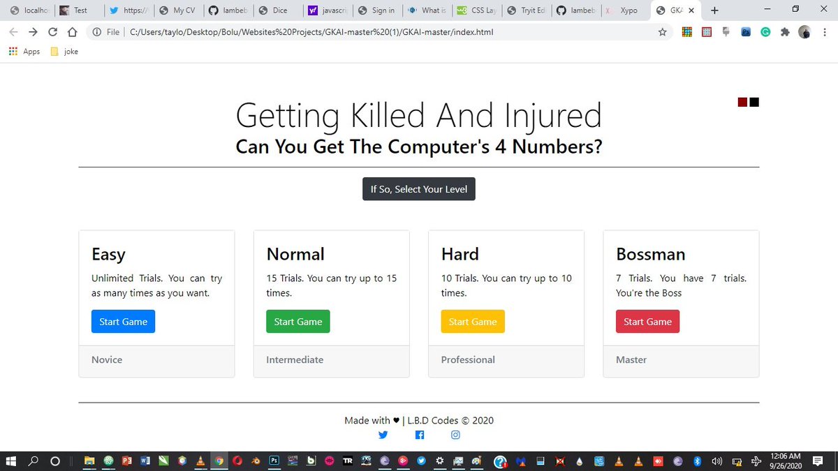 Danibholie's tweet photo. Working on the color themes of #GKAI
I've gotten three done. The light, dark and red theme.
Next is the holiday themes,thinking of Halloween, Christmas and Easter.
#100DaysOfCode #code #javascript #CodeNewbie #coding #HTML #CSS #webdevelopment #developer #gamedev https://t.co/zuaCsLR8VF