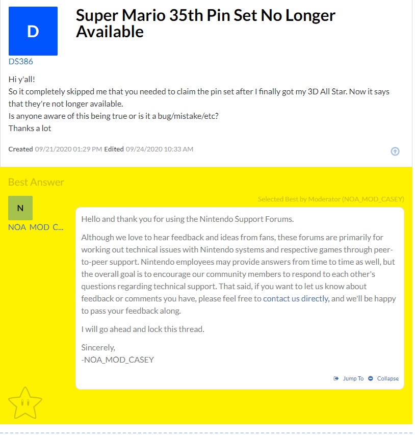 Ha1f3vil's tweet photo. @NintendoAmerica 
"Super Mario 35th Anniversary Pins" What Happened??
We can't even get an update from you guys? You just lock forum posts with a generic message. https://t.co/ymmo0qA3r9