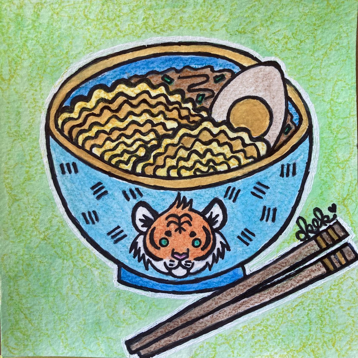 spaceradish's tweet photo. Finished my art for my friend! Don’t regret finishing it with crayon. I likethe texture. 

#art #artwork #originalart #tigerkitchen #tigerramen #ramen #tiger #niceegg https://t.co/6uoFB4TVW9