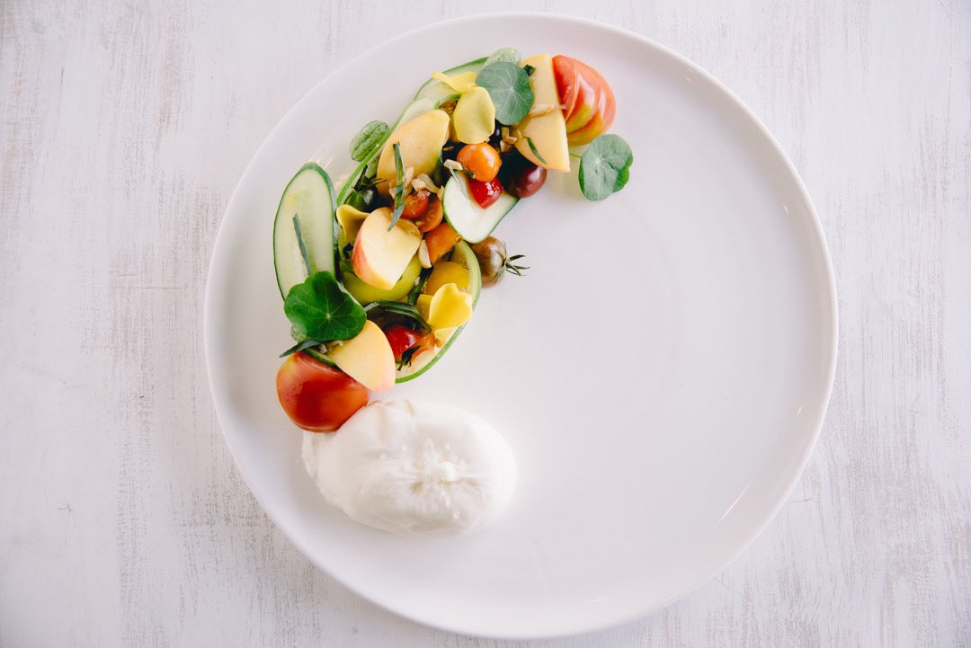 Savoring the last of summer flavors.
⠀⠀⠀⠀⠀⠀⠀⠀⠀
Burrata Napoletana
heirloom tomato · peaches ·  cucumber · marcona almonds  · tarragon oil