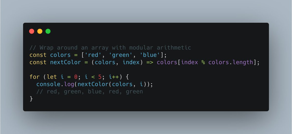 _JSCeee's tweet image. You can use modular arithmetic to wrap around arrays instead of using if/else. #javascript