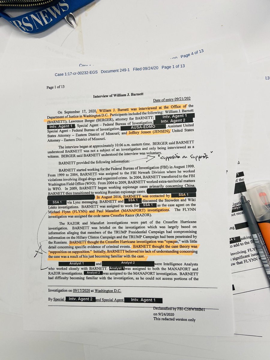  #Durham  #Flynn 13 page DOJ filing includes unvarnished assessment from FBI Agent assigned to Flynn case, code named “Crossfire RAZOR.” Pages 1 + 2 Agent William Barnett said case theory was “supposition on supposition” + predication or basis for opening probe “not great”