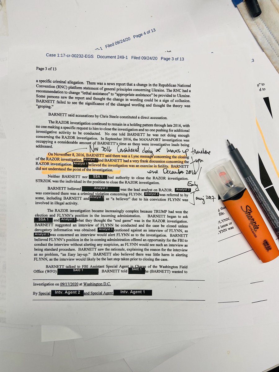 On pages 3 + 5 Agent Barnett said FBI team considered closing Flynn probe November 2016 (which moves up timeline) + called case “exercise in futility” + believed he was “cut out” of Jan 2017 Flynn WH conducted by  @petestrzok where Flynn had no lawyer + WH counsel not advised