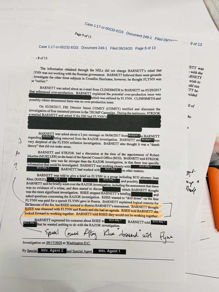 Page 8, 9 + 13 Agent Barnett thought Special Counsel lawyer Rhee “was obsessed with FLYNN and Russia and she had an agenda” + thought some members SCO team (Special Counsel Office) had “the get TRUMP attitude” + “prosecution of Flynn by SCO was used as means to ‘get TRUMP’”