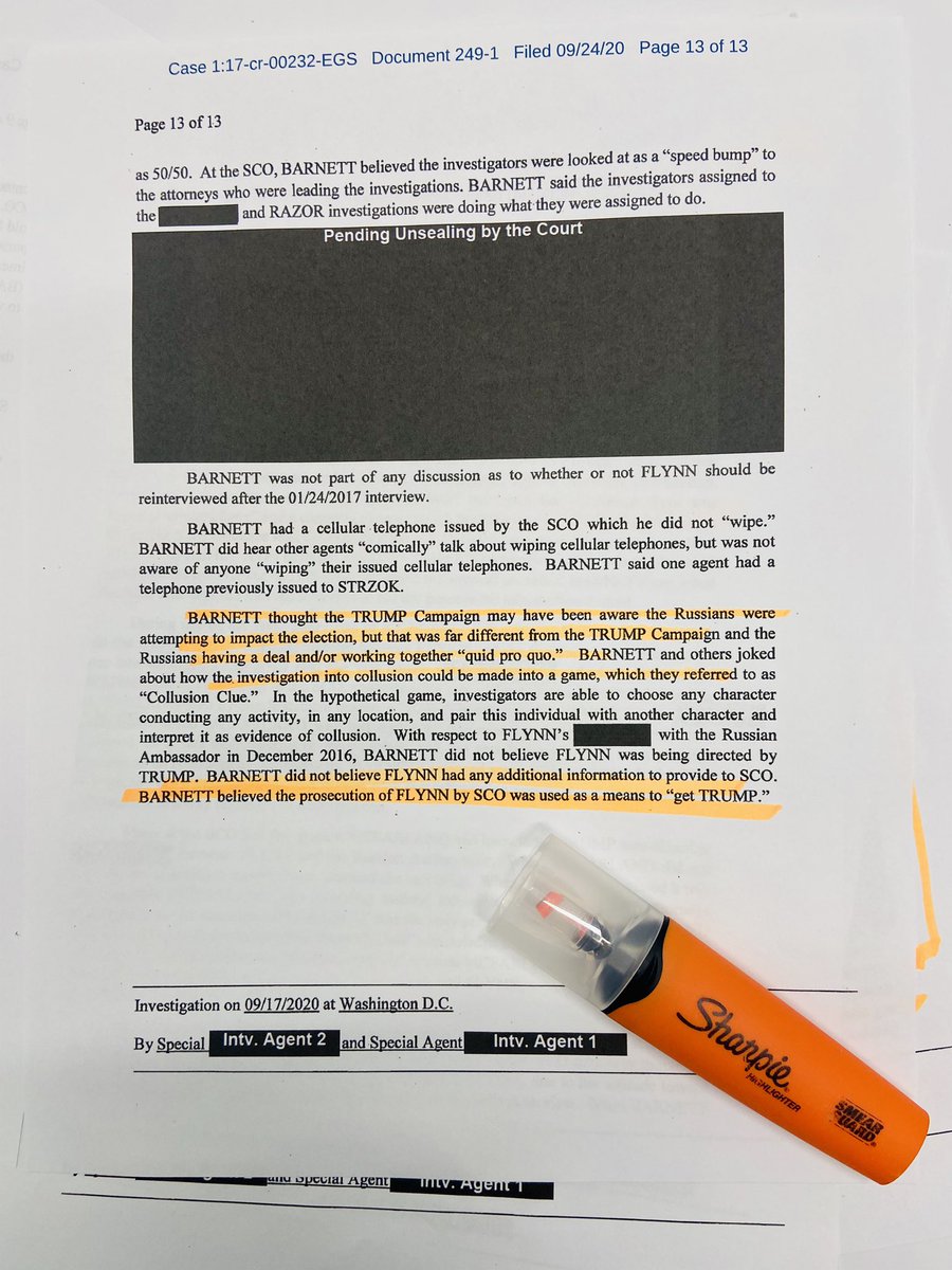 Page 8, 9 + 13 Agent Barnett thought Special Counsel lawyer Rhee “was obsessed with FLYNN and Russia and she had an agenda” + thought some members SCO team (Special Counsel Office) had “the get TRUMP attitude” + “prosecution of Flynn by SCO was used as means to ‘get TRUMP’”