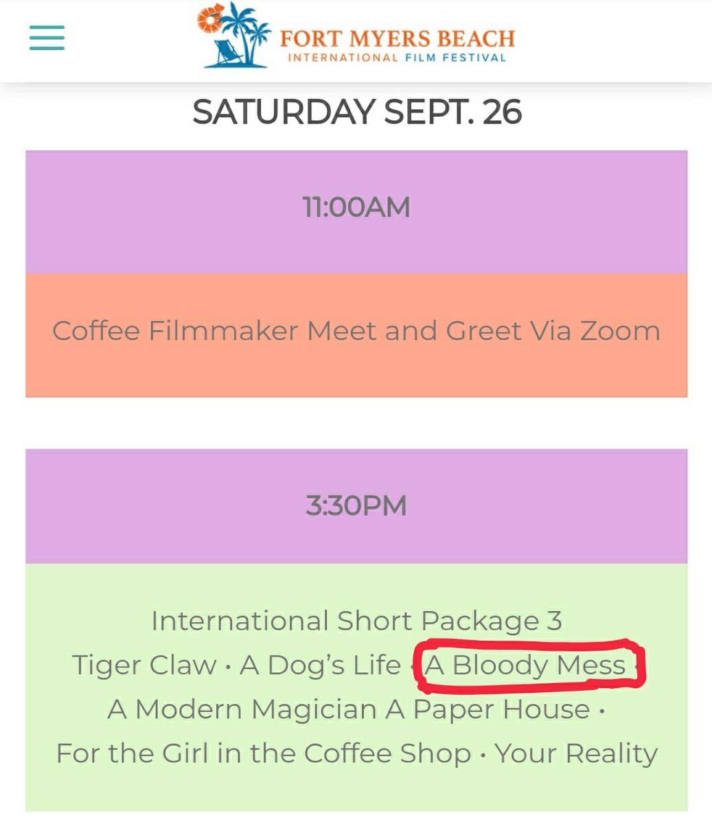 #ABloodyMess will be screening tomorrow at the <a href="/fmbifilmfest/">Fort Myers Beach International Film Festival</a> tomorrow at 3:30 pm! For tickets please visit fmbifilmfest.com. Don’t miss it!

#FortMyersBeachInternationalFilmFestival