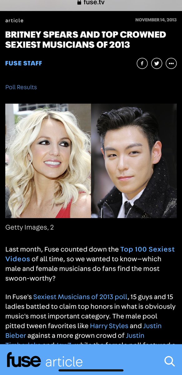2013 BIGBANG’s TOP & Britney Spears voted Fuse magazine’s sexiest musicians.