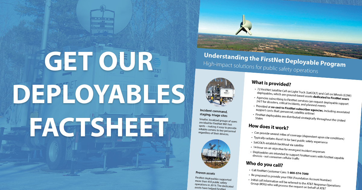Discover how <a href="/FirstNet/">FirstNet, Built with AT&T</a> users can request deployables, like Cells on Wheels (COWs) and Satellite Cell on Light Trucks (SatCOLTs) to boost coverage during natural disasters or planned events at no cost. Learn more: firstnet.gov/sites/default/…