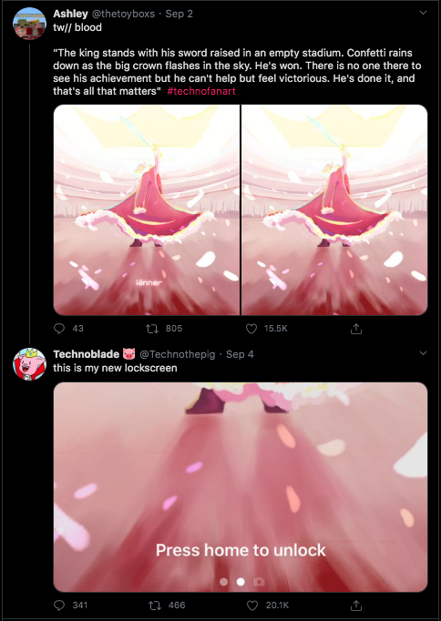 10) techno replying to fanart (and even making one of them his wallpaper, and showing the other artist all the compliments they received on the youtube vid he used their art for!!)