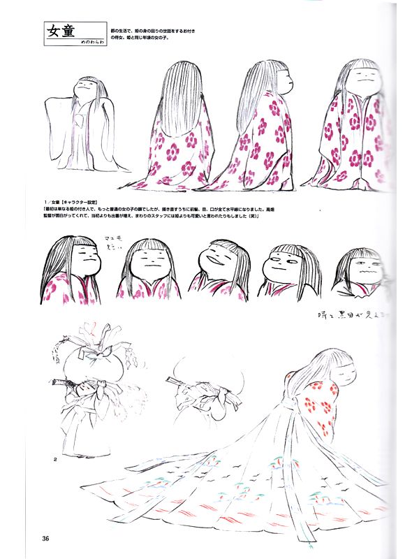 Design doesn't necessarily mean *clean* in terms a rendering style. It simply aims to represent a clear model of purposeful decisions around how a characters looks and works. Showing multiple views.Good example here from the 'art of' book for'The Tale of The Princess Kaguya'