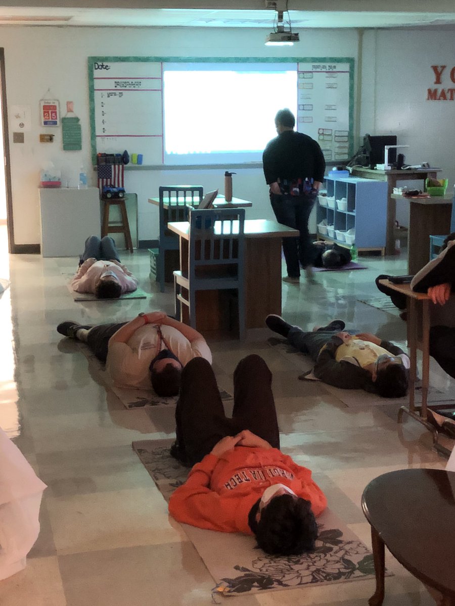 MINDFULNESS. Ms. Switzer leads Mrs. Salvato’s class in a meditation exercise to start their school day. #bettertogether