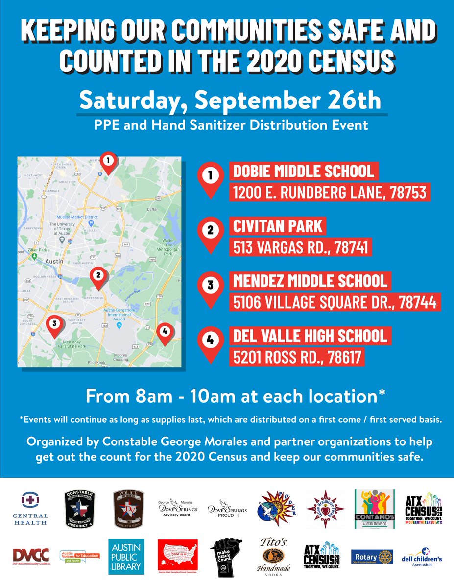 Do you need PPE or hand sanitizer? Stop by any of the listed locations TOMORROW Saturday, Sept.26th between 8-10am to get free PPE, hand sanitizer, and to complete the census! #queerthecensus #ATX #atxlgbt #atxcensus #census #census2020