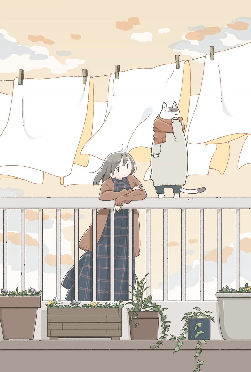 1girl clothesline plaid cat dress outdoors plant  illustration images