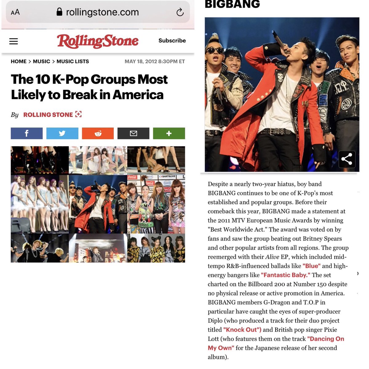 Rolling Stone Articles... 2015 MADE Tour Photo Feature BIGBANG’s TOP on 2013’s Hottest Sex Symbols, 2012 Kpop groups most likely to break in America.
