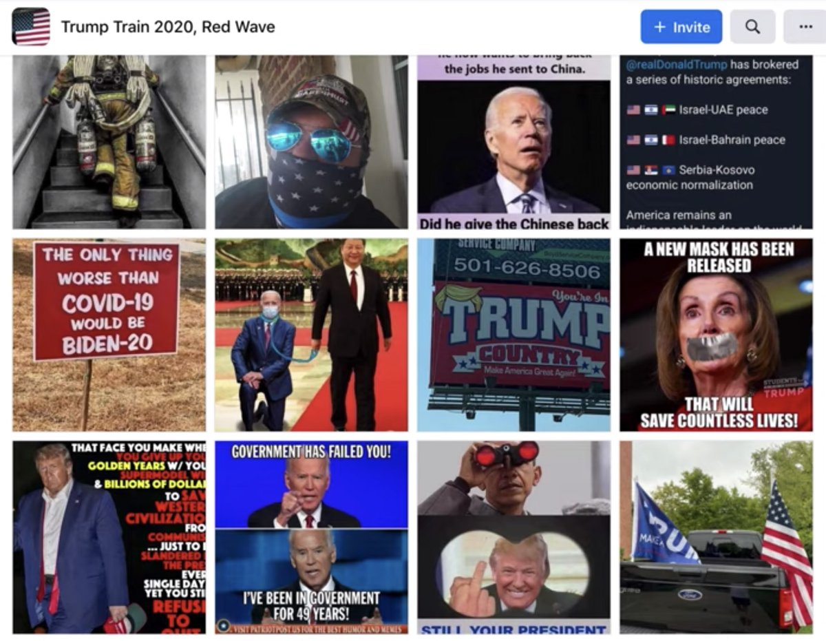 3/ The largest of the three Facebook groups that Snopes reporters noticed had been removed was Trump Train 2020, Red Wave, which amassed nearly 1.1 million members in just over three months. It was created in June.That means an average growth of 366,000 members per month.