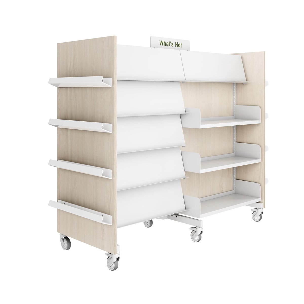 Kevin_Hennah's tweet image. Another new design: Organic features crisp white shelves & wheels, textured pine laminate bay ends, matt white display shelves. Signage is 3D. Now let's shop for lush plants and tactile, linen-look upholstery fabric. Relaxed yet? #libraries #library #librarian #books