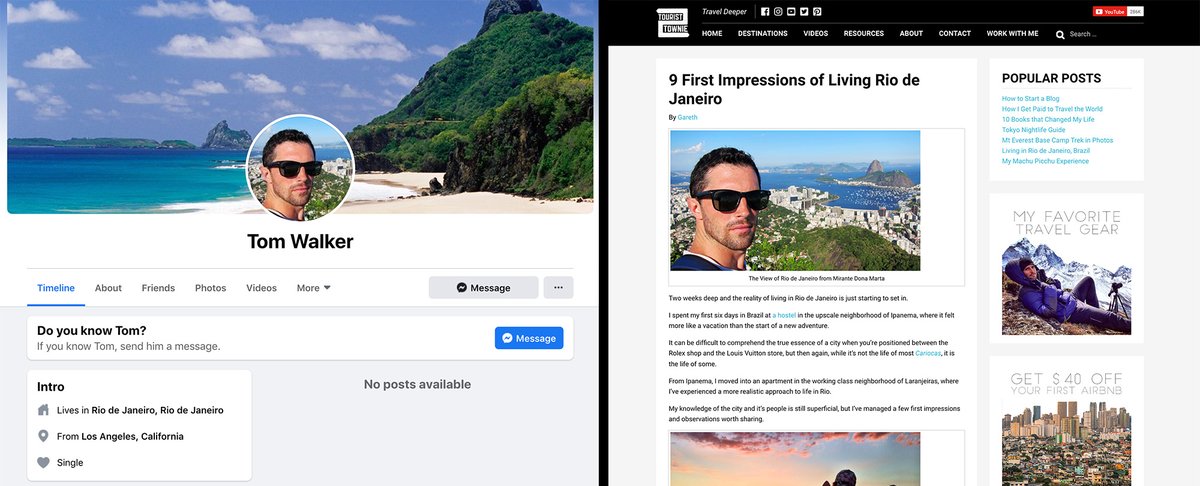 6/ The Candace Owens group added fake accounts for its admins. Tom Walker, an admin, says he lives in “Rio de Janeiro, Rio de Janeiro.“ The same photo appears as a stock photo on a travel blog. The group's creator also had at least two accounts for himself. Both were admins.