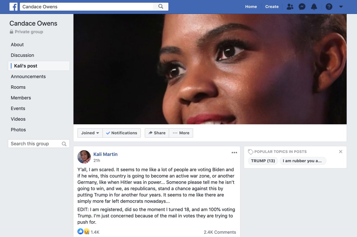 4/ Candace Owens, a Facebook fan group with more than 523,000 members, was also recently removed. The group’s content consisted of pro-Trump memes and links to conservative news outlets, as well as quite a few accounts saying they had "walked away" from the Democratic Party.