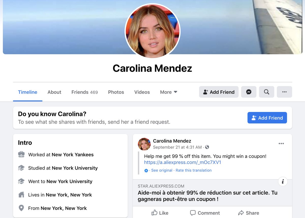 7/ The third group in our story was named Ivanka Trump OFFICIAL, and it was not the official group for the president's eldest daughter.One of the admins was Carolina Mendez, a fake Facebook account that used a photograph of actress Ana de Armas for its profile photo.