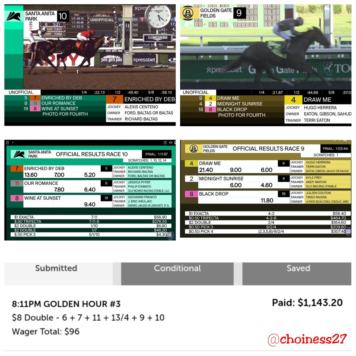 choiness27's tweet photo. Low takeout, higher minimum. Oh, how I've missed you, Golden Hour Double!
Enriched By Deb (5:1) wire-to-wire at @santaanitapark. Draw Me (9:1) from off the pace at @GGFracing.
In: $96; Ret: $1,143.20. Pays MUCH better than the parlay @Quigleys_Corner
#horseracing #beatthechalk https://t.co/Ebeq75JAS8