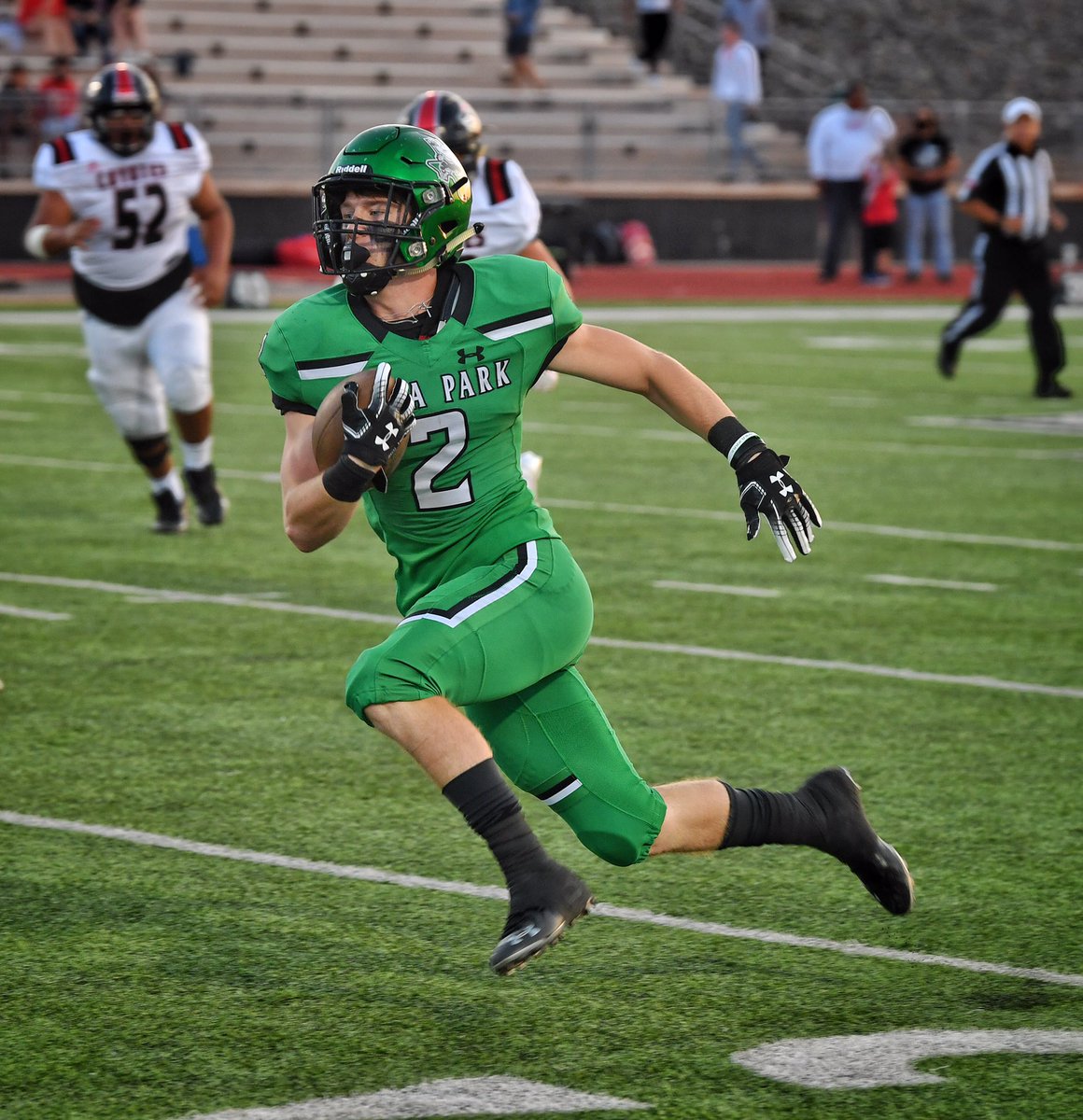 Cameron Parker of the Iowa Park Hawks streaks down the sideline for a big gain Friday night against the Wichita Falls High Coyotes. #TXHSFootball #Football
