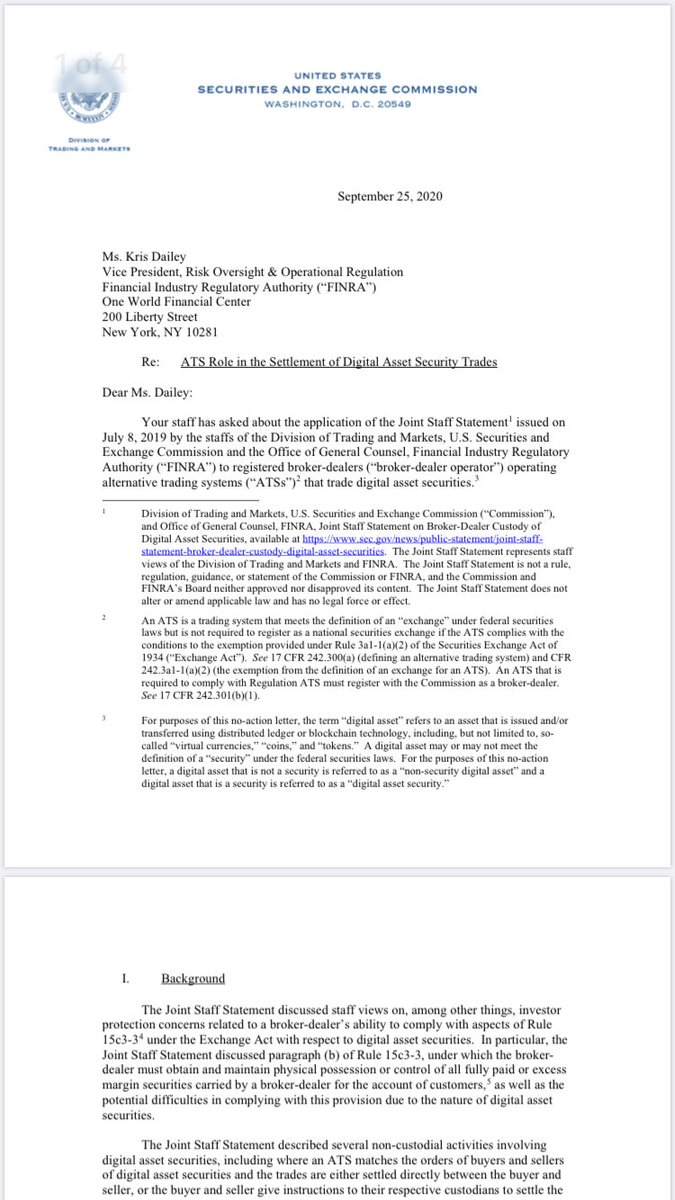 BREAKING: clarity on how broker dealers should handle non-custodial digital asset securities transactions on ATS.  THREAD coming atcha /1