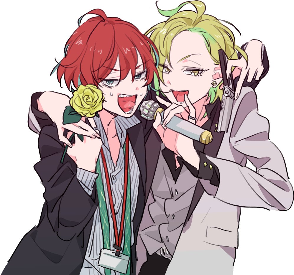 microphone multiple boys green hair 2boys red hair yellow rose arm around shoulder  illustration images